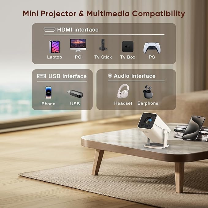 [Built-in Apps & Electric Focus] Smart Mini Projector with WiFi and Bluetooth, 270°Rotatable Portable Movie Projector 1080P Support, Auto Keystone Proyector for Smartphone/TV Stick/Laptop/HDMI