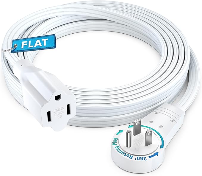 Maximm 360° Rotating Flat Plug Extension Cord 10 feet Under Carpet with Slim Space-Saving Plug Design, Low Profile Cord (White)