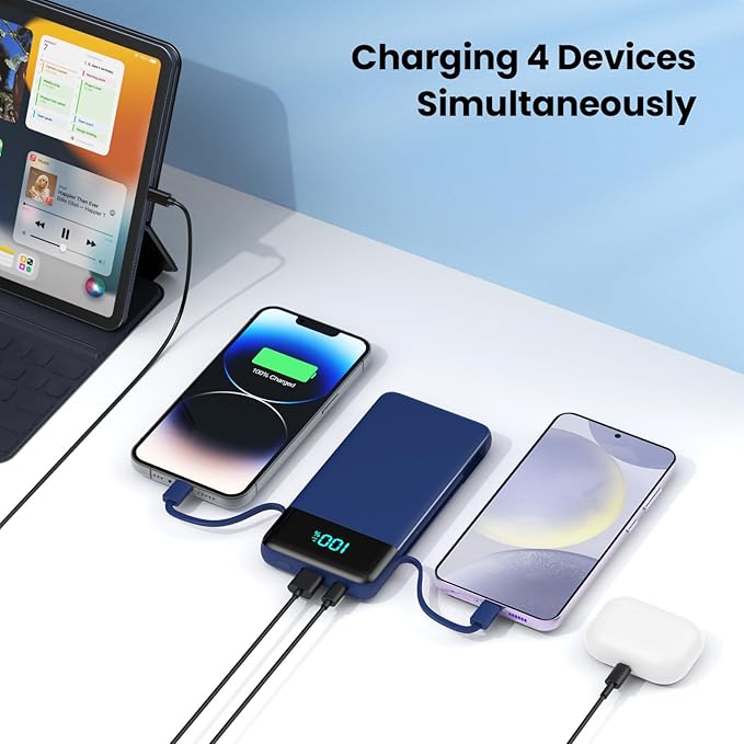 Portable Charger for iPhone with Built in Cables and Wall Plug,Upgraded 13800mAh Fast Charging USB C Power Bank,4 Outputs Travel Essential Battery Pack Compatible with iPhone 15/14/13/12,Samsung-Blue