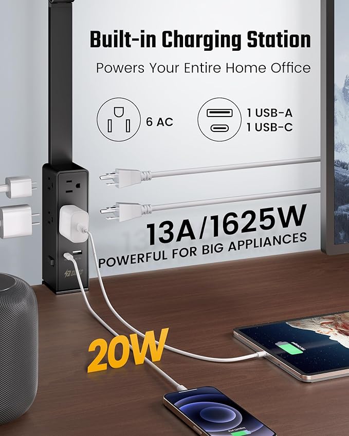 SUPERDANNY LED Desk Lamp with Power Strip (6 Outlets, 1 USB, 1 Type-C) for Home Office, Desk Light Computer Light with Clamp, Architect Desk Lamp with Smooth Dimming 5 Colors Touch & Wave Control