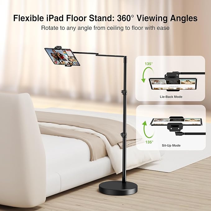 elitehood Adjustable Tablet Floor Stand with Heavy Duty Base, 24in Horizontal Long Arm iPad Floor Stand Holder for Bed Recliner Sofa, Compatible with iPad mini Air Pro 13/12.9 and 4.7-13in Devices
