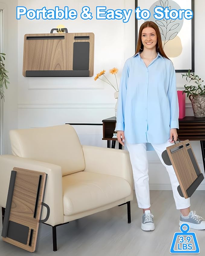 Laptop Lap Desk, Portable Large Laptop Desk for Bed, Up to 17 in Lap Table with Wrist Rest, Mouse Pad, Tablet Phone Slot, Portable Handle, Cushion (Dark Brown Woodgrain)