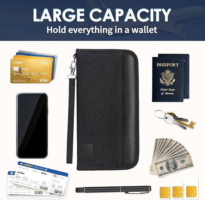 Passport Holder Family, RFID Blocking Travel Passport Wallet for 4-6 Women Men, Waterproof Travel Document Organizer Credit Cards Case, Portable Passport Bag with Zipper Pocket (Black)