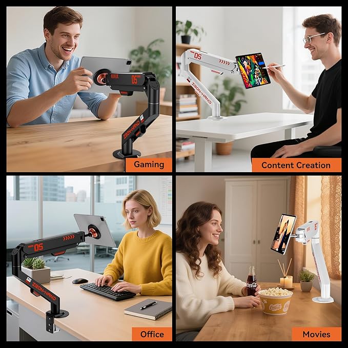 Magnetic Tablet Stand, Adjustable Desk Mount for iPad & All Tablets, 360° Rotating Foldable Arm with Gas Spring, Heavy Duty Aluminum, for Home Office, Kitchen, Bedside, Studio, White