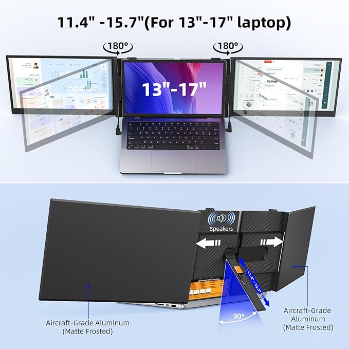 14" Triple Laptop Screen Extender - Ultra Thin & Lightweight (2.2lb) Portable Monitor For Laptop, FHD 1080P Travel Display 13-17" Laptops, Plug & Play USB-C/HDMI, Aluminum Extended Screen for Mac/Win