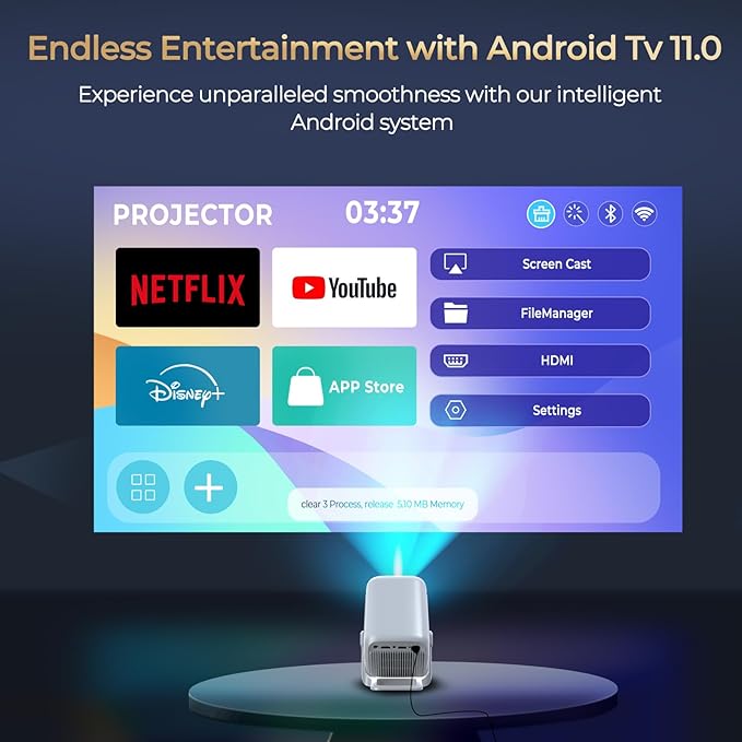 Native 1080P Mini Projector with 4K Support, Auto Focus & Keystone Proyector, Android 11 Smart WiFi 6 Bluetooth 5.4, Portable Outdoor Movie Projectir for iPhone/Netflix/Camping, Home Theater Gift