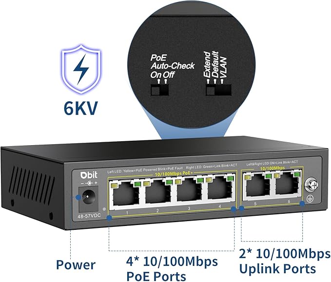 DBIT 6-Port Ethernet PoE Switch with 4 Ports PoE+, 2 Fast Ethernet Uplink, 10/100Mbps, 63W High Power, Support IEEE802.3af/at, Fanless Metal Plug & Play PoE+ Network Switch (WS1042A)