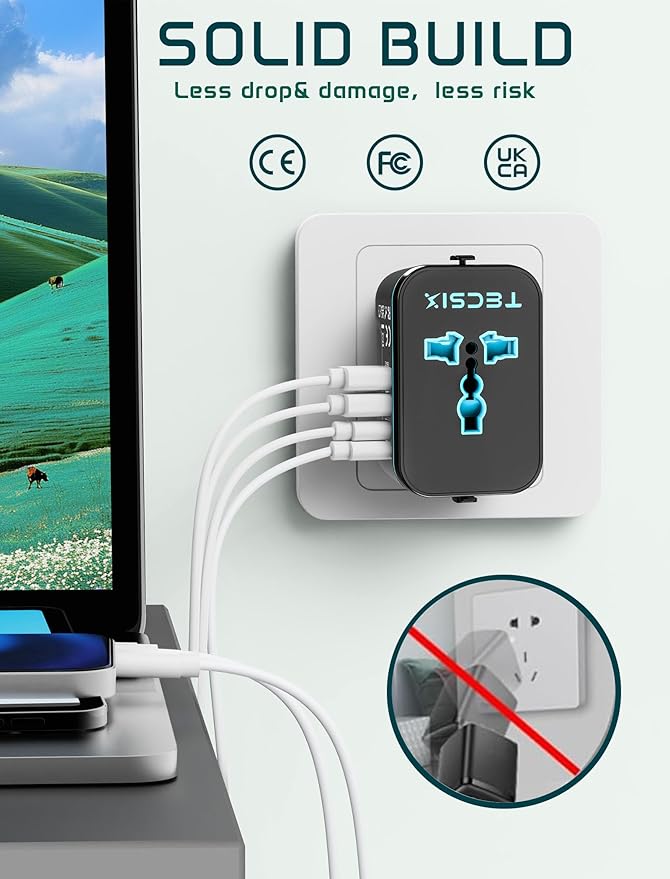 Universal Travel Adapter Worldwide PD 20W, TECSIX International Power Adapter Fast Charging with 2 USB C, 2 USB A Multi Outlets, Gan Travel Plug Adaptor for EU US UK AUS 200+ Countries