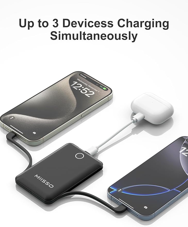 miisso 10000mAh Slim Portable Charger with Built in Cable, Power Bank Travel Charger External Battery Pack for Phone, 3 Output USB Type C Cord Clutch Charger Compatible with iPhone, Black