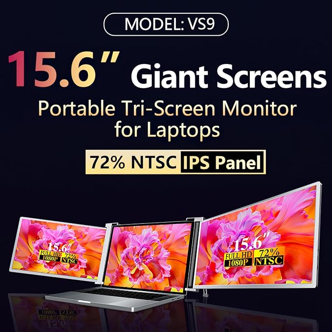 VILVA 15.6" Triple Portable Monitor - FHD 1080P IPS Triple Screen Extender, Foldable Dual Monitor for 15.6"-17.3" Laptops, USB-C HDMI Plug, Supports Laptop/Xbox/Switch