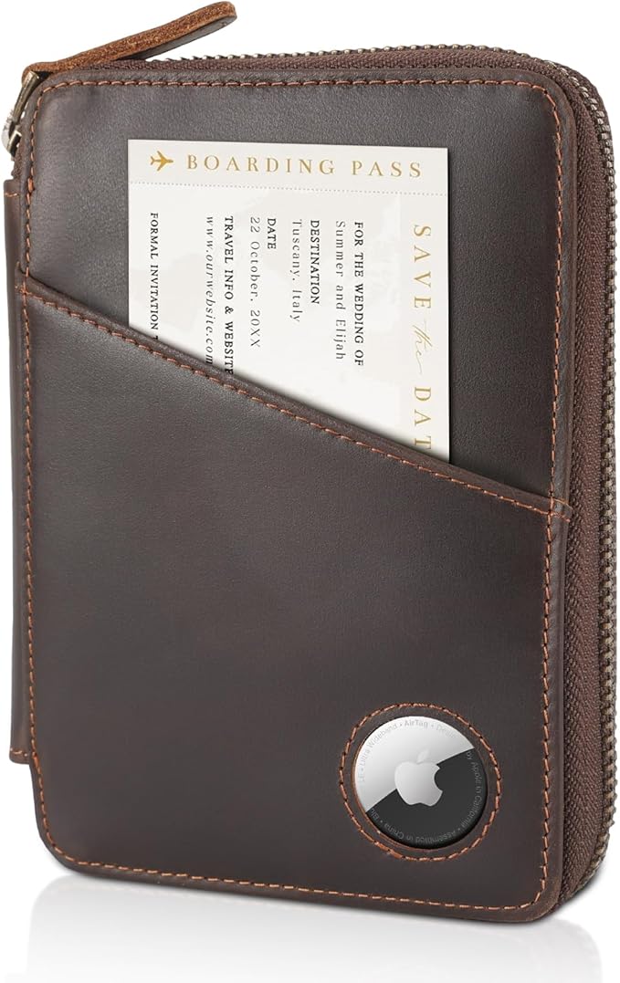 Polare Full Grain Leather Travel Passport Wallet With AirTag Slot RFID Blocking Passport Holder Soft Bifold Cover Case with YKK Zipper