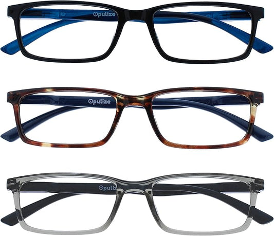 OPULIZE SEE Reading Glasses with Blue Light Blocking for Women and Men, Narrow Frame, Spring Hinges, Computer Gaming Glasses, Black,Brown,Grey +3.5 (Pack of 3)