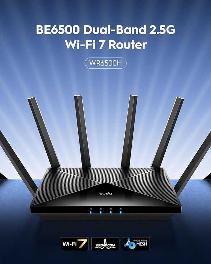 Cudy BE6500 WiFi 7 Router Dual Band Gaming Router, 2.5G WAN Port, 6500Mbps, VPN Client and Server, Cudy APP Control, Broadcom 2 GHz Quad-Core CPU, WR6500H (Renewed)