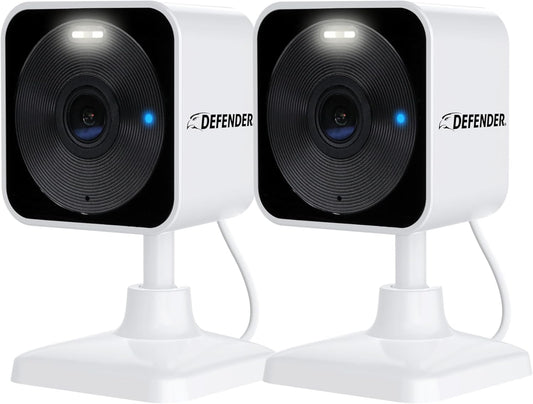 Defender GO 2K AI Powered Plug-in Indoor/Outdoor Home Business, Pet, Baby Camera, AI Detection, Dual Band Connection, Spotlight/Siren, Color Night Vision, 2-Way Talk, Works w/ClearVu App, 2 Pack