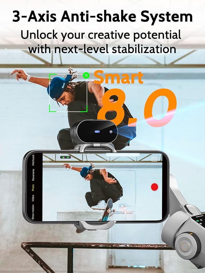 AOCHUAN Gimbal Stabilizer for Video Recording, Smartphone 3-Axis Smartphone Gimbal with AI Tracking Sensor for Vlogging,7.8' Extension Rod,Trigger Button,YouTube Tiktolk(Smart V8 AI White)