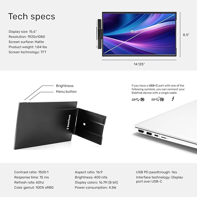 SideTrak Swivel 15.6" Portable Monitor for Laptop | Patented 360° Swivel Hinge, FHD Dual Screen w/Kickstand, Laptop Screen Extender | USB-C, Mac, PC, Chrome Compatible