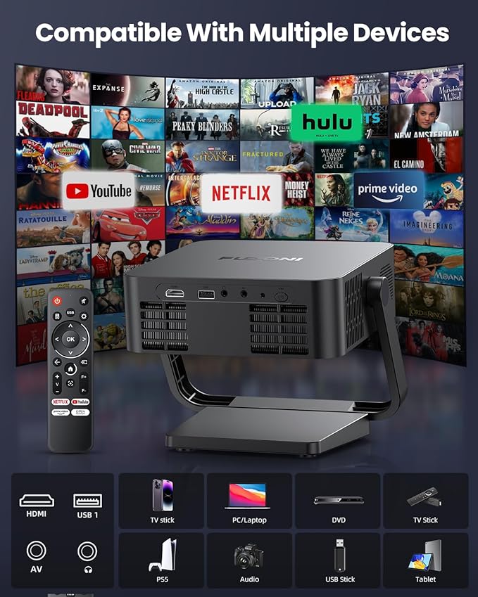 [Netflix-Officially-Licensed] FUDONI 4K Smart Projector with WiFi 6 & Bluetooth, Auto Keystone/Electric Focus, Zoom Correction, HDMI/USB/iOS/Android Compatible, Portable Proyector for Home & Outdoor