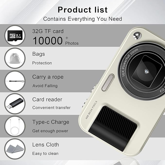 Digital Camera, FHD 1080P 48MP Kids Camera, Autofocus Point and Shoot Digital Cameras with 32GB Card, 16X Zoom Anti-Shake, Compact Small Camera with 1500mAH Built-in Batteries for Boys Girls Kids