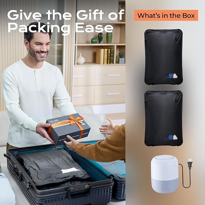 Essential Vacuum Bags for Travel Luggage with Electric Pump, Reusable Compression Bags for Checked Suitcases, Vacuum Seal Spacesaver for Cloth Packing(2Medium+Pump)