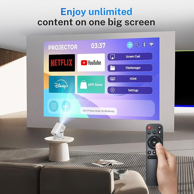 Smart Projector Android OS, Native 1080P Full HD 4K Support 12000 Lumens, Built-in Apps, Electric Focus & Auto Keystone Portable Projector with Dolby Sound, WiFi&Bluetooth, Compatible with iOS/HDMI