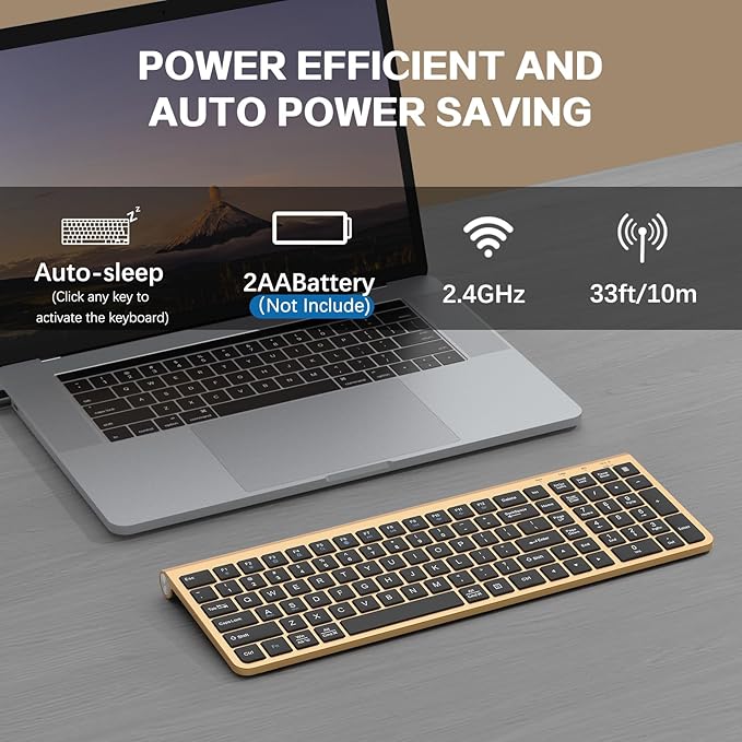 JOYACCESS Black Gold Wireless Keyboard with Low-Profile Keys - 2.4GHz Full-Sized,Windows & Mac OS, Quiet,Ergonomic Keyboard for Computer, Laptop, PC, Mac,Windows- Gold