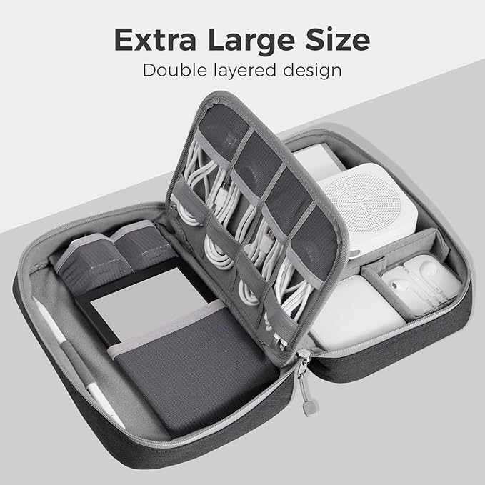 pack all Electronic Organizer Plus, Larger Capcity Cable Organizer Bag, Shockproof Carrying Case, Portable Cord Travel Organizer Storage Bag for Cables, Chargers, Phones, USB, SD Cards(Black)