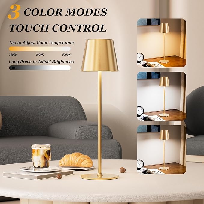 Cordless Table Lamp Rechargeable Gold - KK 2 Pack 5000mAH Battery Operated Lamp for Dining Table, 3 Color Stepless Dimming Waterproof LED Wireless Lamp for Counter, Outdoor Patio, Touch Control