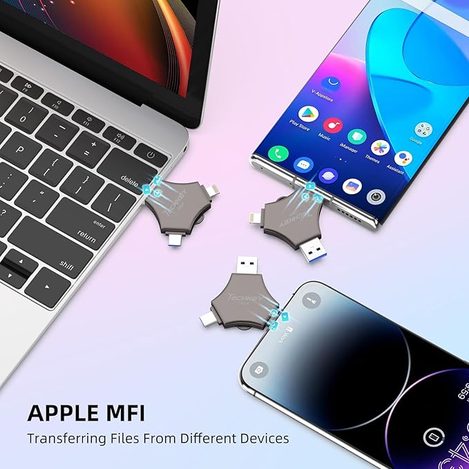 MFi Certified USB 3.0 Flash Drive 256GB for iPhone, 3in1 External Memory Photo Keeper Storage Stick for Picture/Video/Data Saver/Backup, High Speed Thumb/Jump/Hard Drives for iPad/Android/PC (Black)