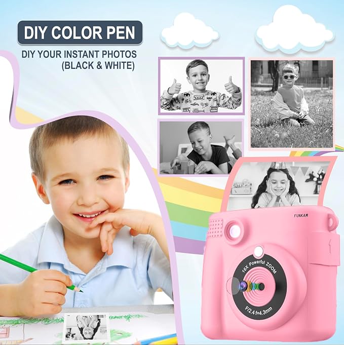 Instant Print Camera for Kids - 2.4" HD 1080P - with 32GB SD Card, 5 Markers, Stickers, 5 Paper Rolls, Lanyard. Camera Boys and Girls from 3 to 14 Years Old. (Pink)