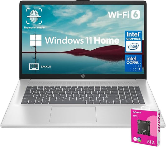 HP Essential 2025 Laptop, 17.3" FHD, CORE 7 (Beats i7 1355), 64GB RAM, 1TB SSD, FP Reader, Backlit KB, Webcam, Wi-Fi 6, Windows 11 Home, Silver, Bundle with ADATA 512GB External SSD