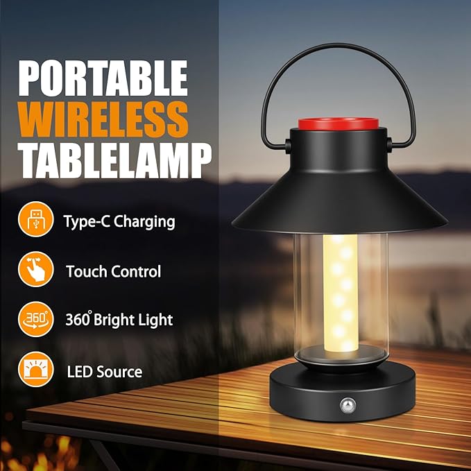 LED Cordless Table Lamp, Portable Metal Rechargeable Outdoor Table Lamp, Touch Dimming Lamp Battery Powered Small Desk Lamp Decor for Patio, Bar, Coffee Shop,Camping Lantern - Black
