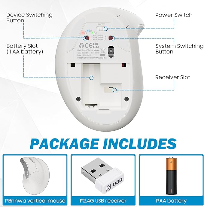 Wireless Vertical Ergonomic Mouse, Multi-Device(Bluetooth + 2.4G Connection), 4 Adjustable DPI, 7 Buttons Computer Mouse for PC, Laptop, Desktop, MacBook - White