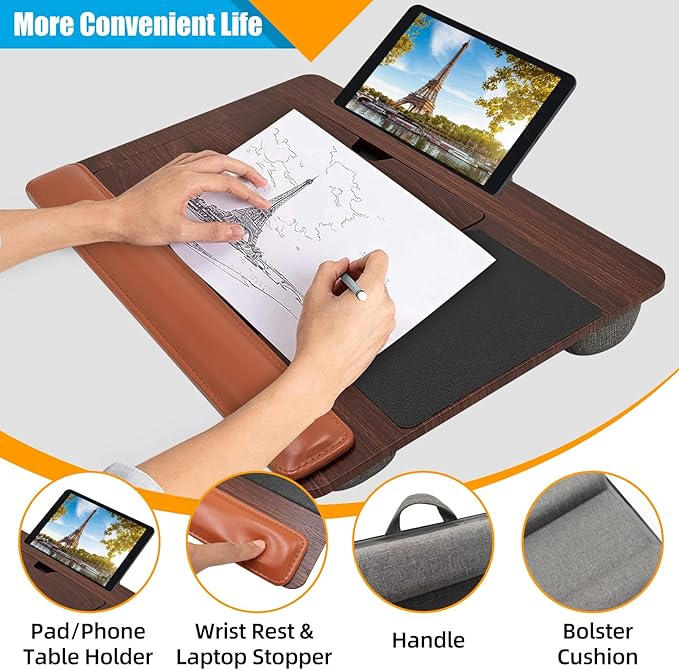 Adjustable Angle Laptop Tray with Leather Wrist Pad - Wooden Laptop Lap Desk with Soft Cushion, Laptops Table for Couch,Bed, Fits Laptops Up to 17 Inches, with Tablet Slot, Portable Handle, Brown