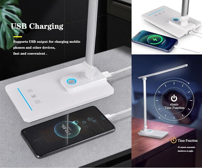 TECHNOVA LED Desk Lamp with 5 Color Temperatures | Sliding Stepless Dimming & One-Touch Timer | Foldable & Portable Design for Office/Study/Nail Art | USB Charging & Four-Axis Rotation for Small Desks