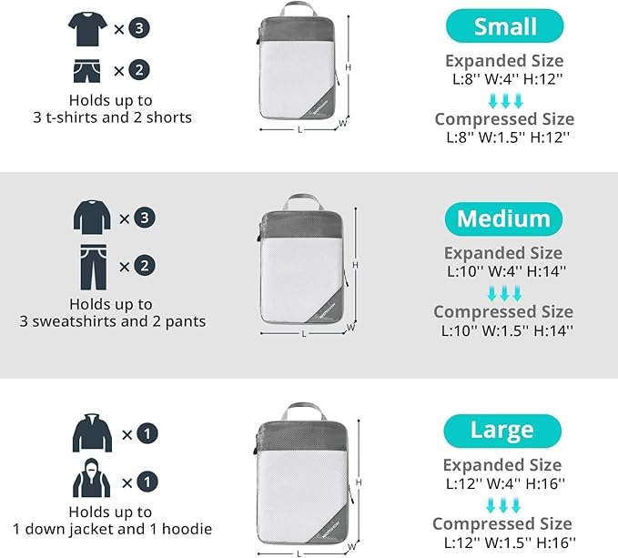 7 Set Compression Packing Cubes for Travel - Compressible, Lightweight, and Space-Saving Packing Cubes, Travel Essentials for Women, Grey