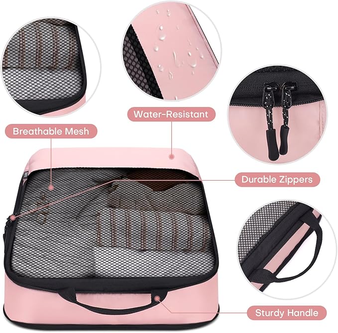 4 PCS Set Compression Packing Cubes for Travel, Lightweight Packaging Organizer Bags for Carry On Space Saving, Travel Essentials Cubes for Suitcase Backpack, Pink