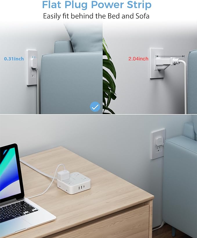 TESSAN Surge Protector Flat Extension Cord Flat Plug Power Strip, 8 AC Outlets, 3 USB Charger(1 USB C Port) 3 Sided Outlet Extender, 5 Ft, 900 Joules Protection, Office Supplies, Dorm Room Essentials