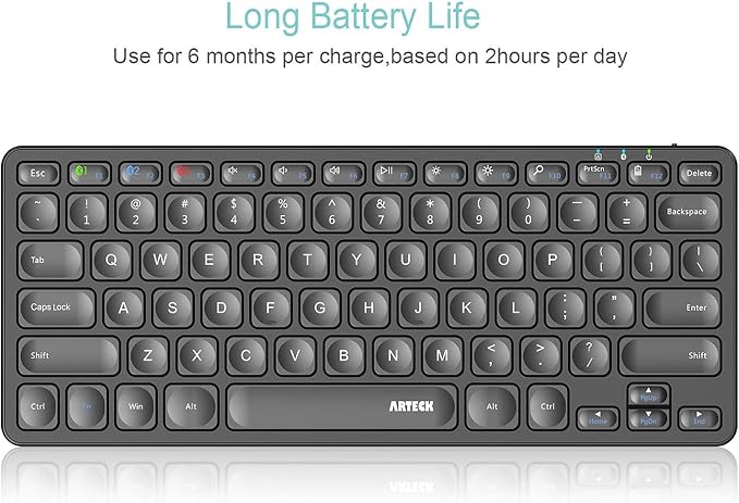 Arteck Universal Multi-Device Bluetooth Keyboard Ultra Slim and Compact Wireless Bluetooth Keyboard with Media Hotkeys for Windows iOS iPad OS Android Computer Desktop Laptop Surface Tablet Smartphone