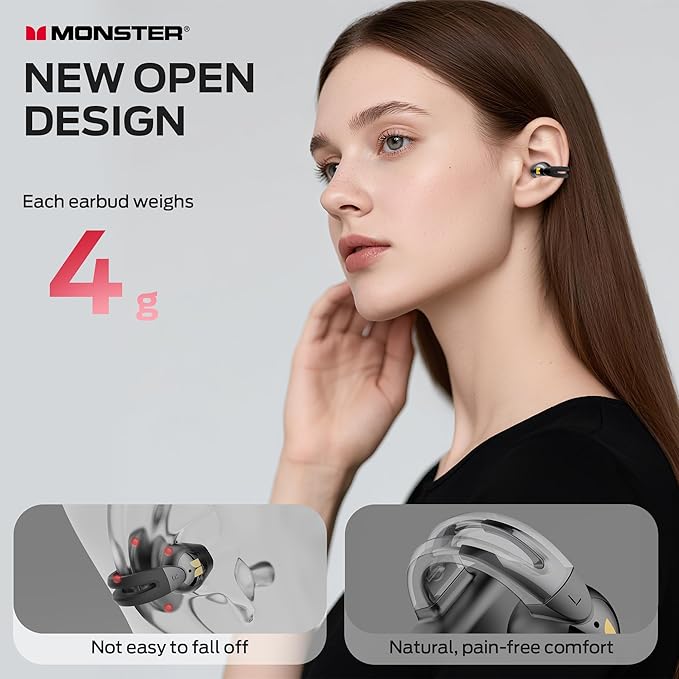 Monster Open Ear AC221 Headphones, Bluetooth 6.0 Wireless Earbuds Stereo Sound, Clip on Earbuds With 30H Playback, Clear Calls, Type-C Charging, Touch Control, IPX6 Waterproof Wireless Open Headphones