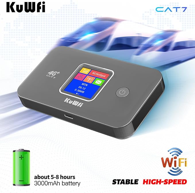 KuWFi 4G+ CAT7 Unlocked 4G LTE Mobile WiFi Hotspot, 300Mbps High-Speed Travel Router with SIM Card Slot for RV/Camping/Trips, Works with T-Mobile AT&T