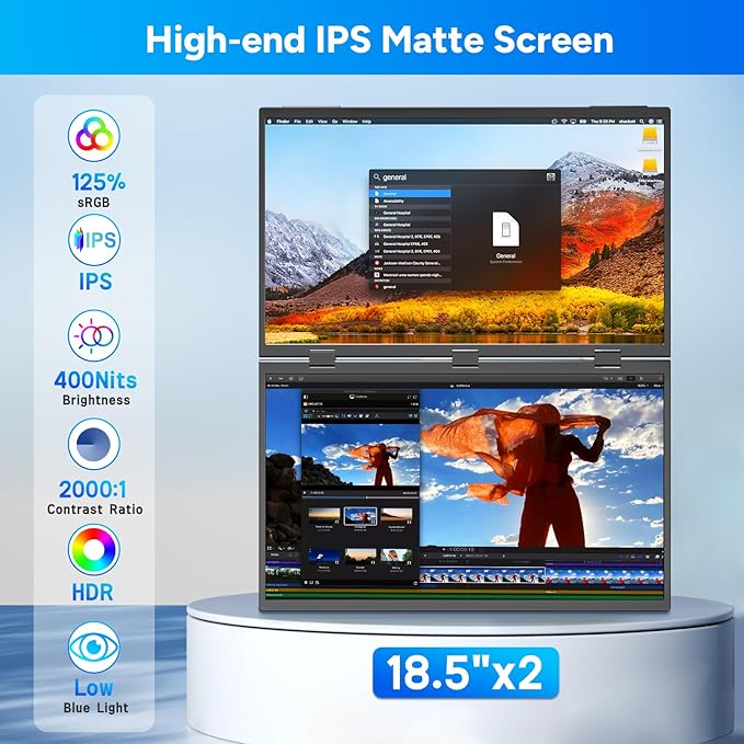 18.5inch Portable Dual Monitor, 1080P FHD 120HZ Triple Laptop Screen Monitor Extender,Dual Speakers USB-C & HDMI Folding Stacked Dual Monitors for Laptop Windows Mac, Stand & VESA