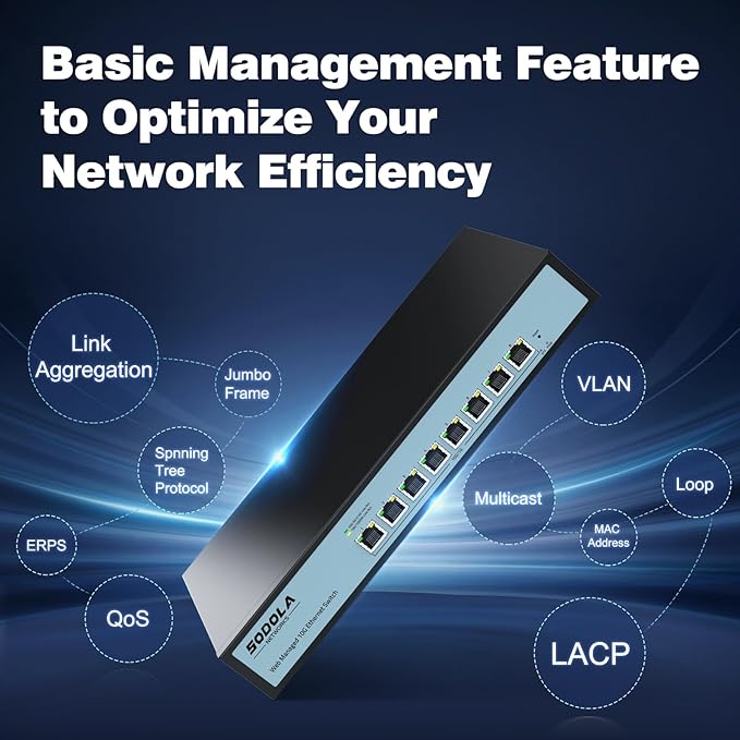8 Port 10Gb Easy Web Managed Switch, 8 x 10G RJ-45 Ports, 160Gbps Bandwidth, Support LACP, VLAN, QoS, 10G/5G/2.5G/1000M/100M Auto-Negotiation, Multi-Gigabit Managed Ethernet Switch