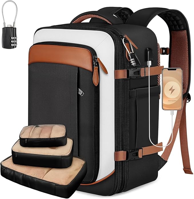 Vancropak Flight Approved 40L Expandable Carry On Travel Backpack, Lightweight Weekend & Short Trip Travel Bag with 3 Packing Cubes, Water-Resistant Anti-Theft Luggage for Men Women, Black White Brown