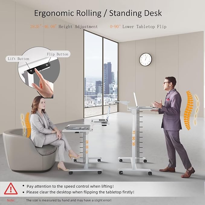 Pneumatic Standing Desk with Wheels - Adjustable Height 28" - 46" & 0-90° Tilt, 31.5" x 17.7" Skin-Feel Desktop, Rolling Computer Desk for Home Office, Hospital, School (White)