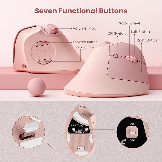 seenda Ergonomic Mouse Rechargeable, USB+Dual Bluetooth, MOU-302 Vertical Wireless Mouse with Volume Knob, Quiet Clicks, Multi-Device Cordless Mice Compatible for Windows, PC, Laptop, Mac OS, Pink