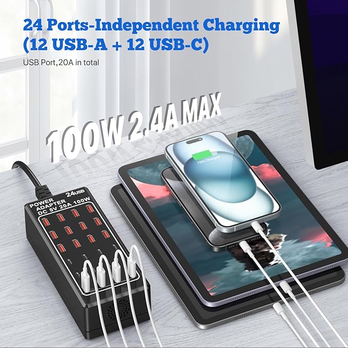 USB Charging Station Block, USB C Charger Station 24-Port 100W(20A), USB A Charger Block, Fast Charger Desktop Station, Multi-Function Smart Charger for Apple iPhone iPad Samsung Laptop Pixel
