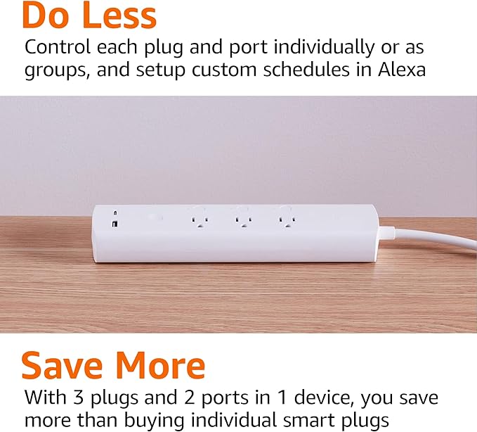 Amazon Basics Smart Plug Power Strip with 3 Individually Controlled Outlets and 2 USB Ports (1 USB-A and 1 USB-C), Works with Alexa Only, 2.4 GHz Wi-Fi, No Hub Required, White