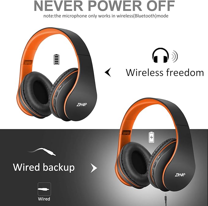 ZIHNIC Bluetooth Headphones Over-Ear, Foldable Wireless and Wired Stereo Headset Micro SD/TF, FM for Cell Phone,PC,Soft Earmuffs &Light Weight for Prolonged Wearing(Black/Orange)