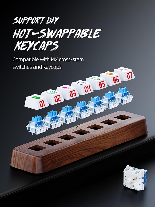 7-Port USB 3.0 Powered Hub, RGB Lighting, Hot-Swappable Cherry MX Switch Support, 5Gbps Speed, Includes 12V/2A Power Adapter, Walnut Wood Cyberpunk USB Dock-FU0736