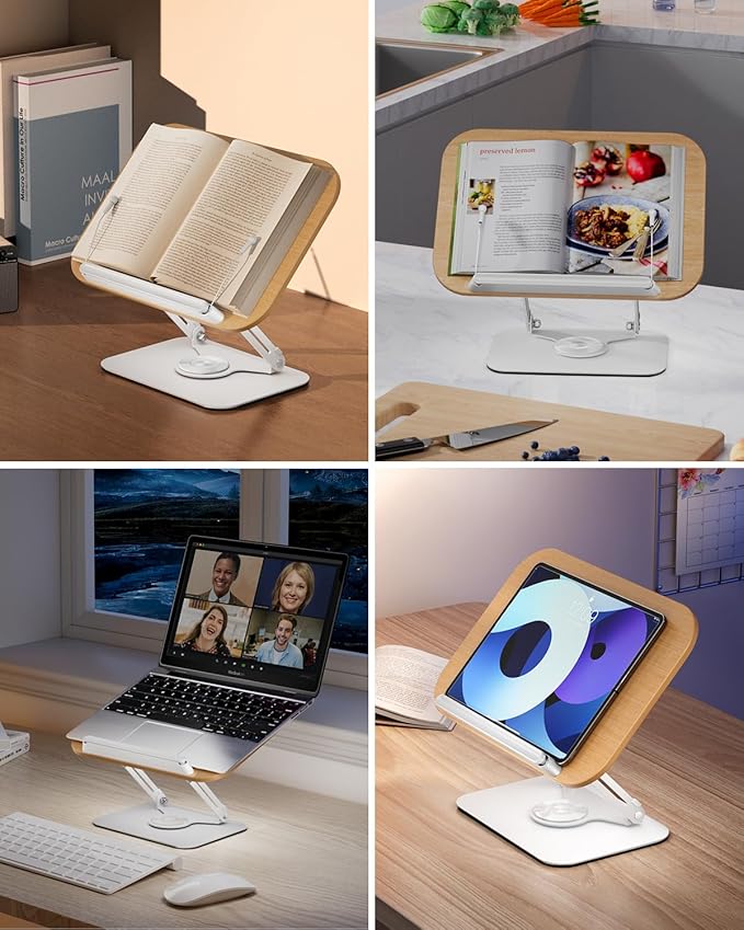 Viozon Book Stand for Reading,Book Holder, Height&Angle Adjustable, 360° Rotating Base, Foldable and Portable, Lightweight for Office, Kitchen, School Textbook, Recipe, Magazine,Kindle,Tablet LW